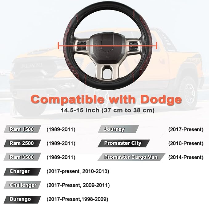 West Llama Customized Auto Car Steering Wheel Cover for Dodge 1989-2011 RAM 1500 2500 3500, Charger, Durango, Challenger (Diamond Quilted-Black+Red-Standard Size)