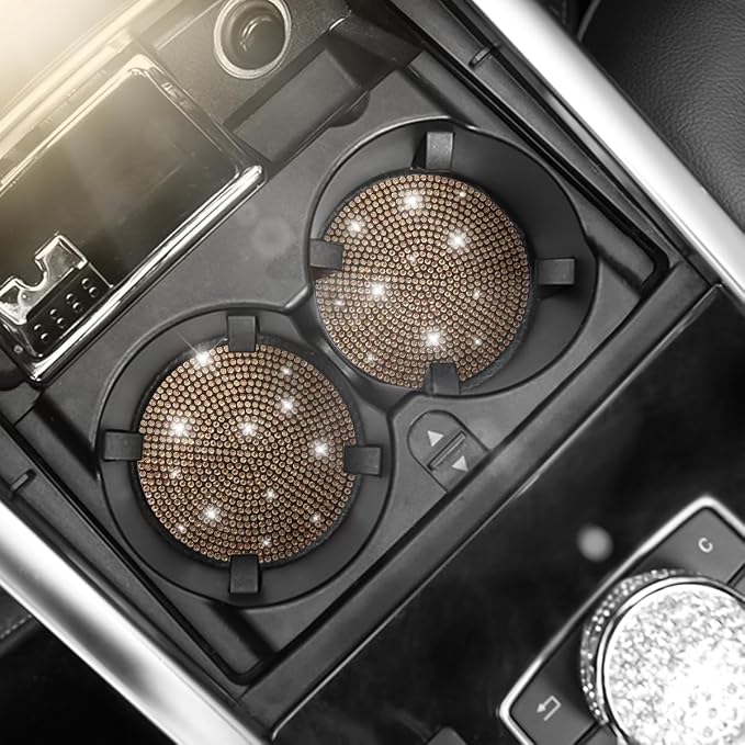 Osilly Bling Car Cup Holder Coaster, 2 Pack Crystal Rhinestone Anti-Slip Insert Coasters, Universal 2.75 Inch Fashion Automotive Cup Mat, Car Interior Accessories Decor Gifts for Women (Golden)