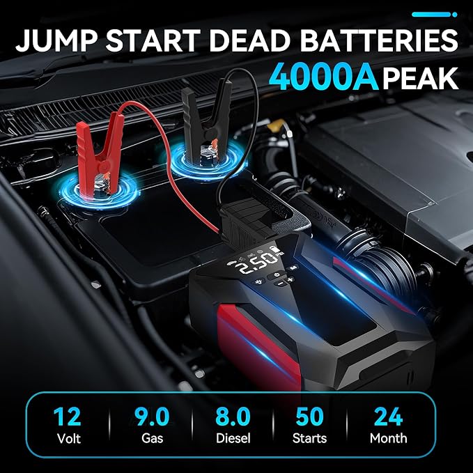 Jump Starter with Air Compressor, 4000A Car Battery Jump Starter for 12V Vehicles, Portable Battery Booster (9.0L Gas/8.0L Diesel), 150 PSI Tire Inflator, LCD Display, USB-C, LED Light (Black)