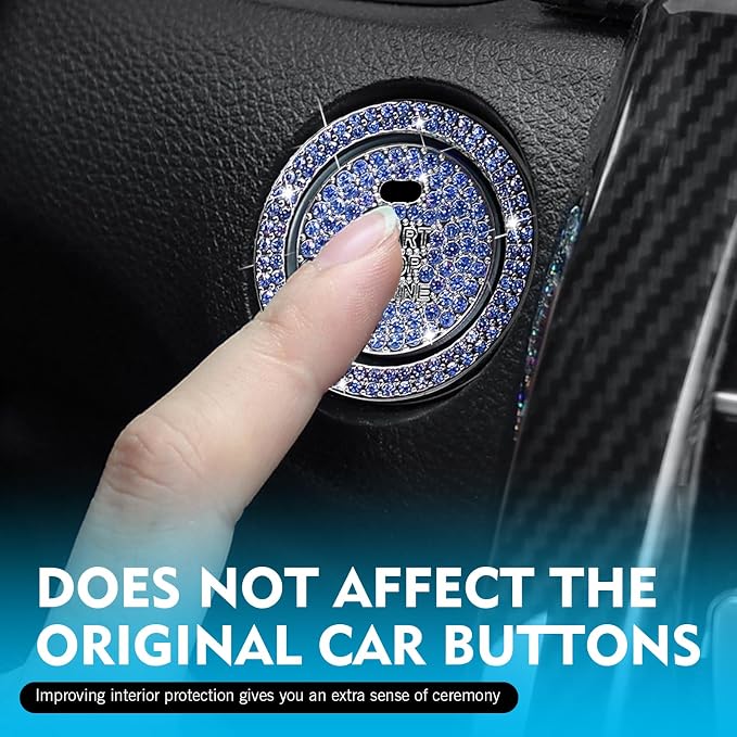 Crystal Rhinestone Car Engine Stop Decoration Ring Sticker, Sparkling Rhinestone Push Start Button Decorative Cover, Bling Interior Accessories for Women, Universal for Most Car (Blue)