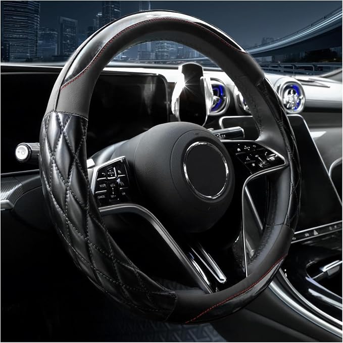 Couslcd 14.5-15 Inch Leather Steering Wheel Cover with Soft Padded Lining, Anti-Slip Comfort Grip, Universal Steering Wheel Protector for Most Cars, SUVs, Trucks (Black)