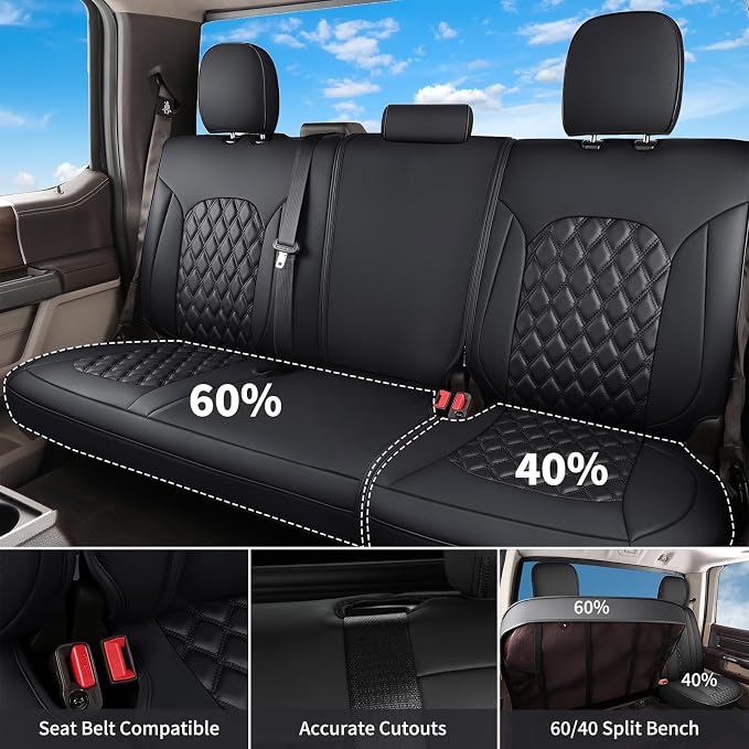 Huidasource Tacoma Rear Bench Car Seat Covers, Black Leather Back Row Seat Cushion Cover Fit for Toyota Tacoma 2016-2023 Double & Crew Cab SR SR5 Limited TRD Sport/Pro/Off Road (Back Row/Black)