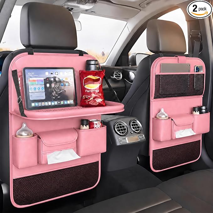 2 Pack Leather Car Backseat Organizer with Foldable Table Tray, Universal Car Seat Back Protector Kick Mat with Touchscreen Tablet Holder, Storage Pockets, Cup Holders & Tissue Holder, Pink