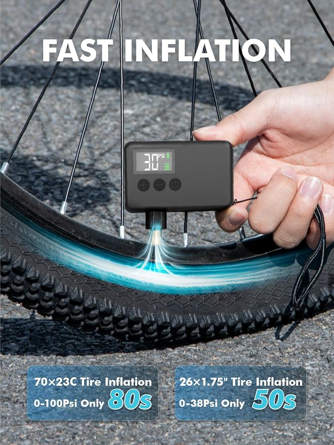 GPUTEK Mini Bike Pump Electric for Presta and Schrader Valves Bicycle Tire | Fast Inflate, Portable, 120 PSI Air Pressure, with Digital Gauge for Road Bike, Mountain Bike, E-Bike