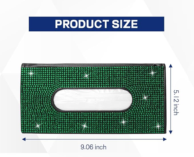 Bling Car Tissue Holder for Sun Visor, Crystal Rhinestone Visor Tissue Box, Leather Vehicle Paper Towel Case, Sparkling Auto Napkin Holder for Women, Car Accessories Decoration (Green)