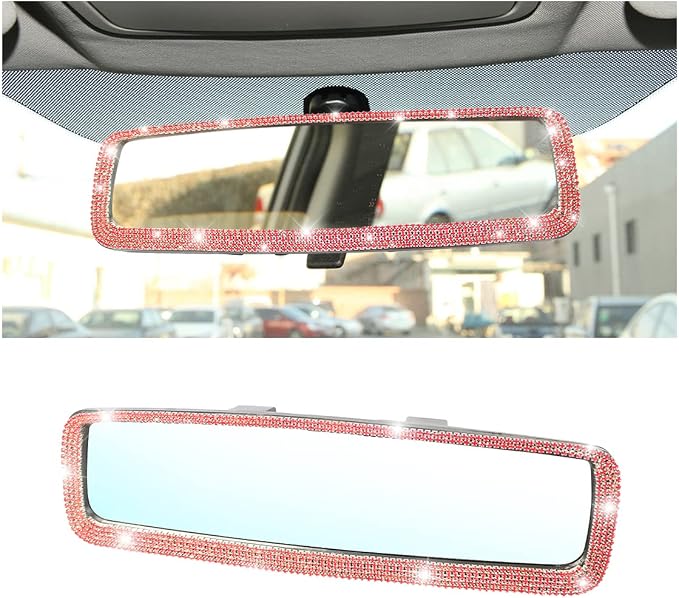 Car Bling Rearview Mirror, Rhinestones Crystal Diamonds Rear View Mirrors with HD Glass, Universal Clip-on Rear View Mirrors for Cars, Vehicles, SUVs, Car Accessories for Women Girls (Red)