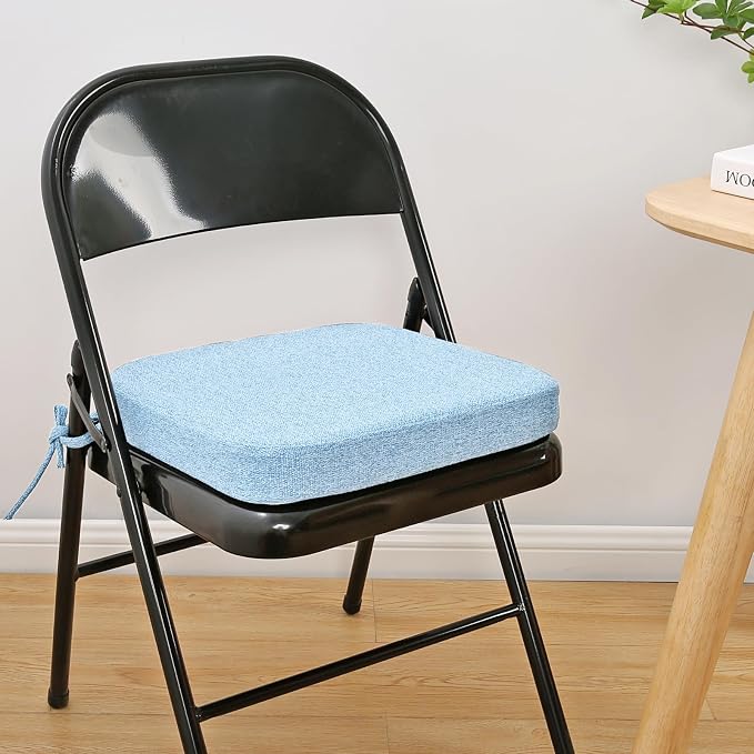 SINOSSO Memory Foam Chair Cushion for Folding Chair 1 Pcs, Thickened 2" Square Kitchen Chair Pad with Ties, Indoor Non-Slip Dining Chair Seat Cushion (1 Piece, Water Blue)