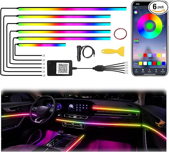 Acrylic Interior Car Lights APP Control, 6 in 1 Car Ambient Lighting Kit | Dreamcolor & 210 modes, Light Uniform and Soft, Wireless APP Control Inside Car Accessories
