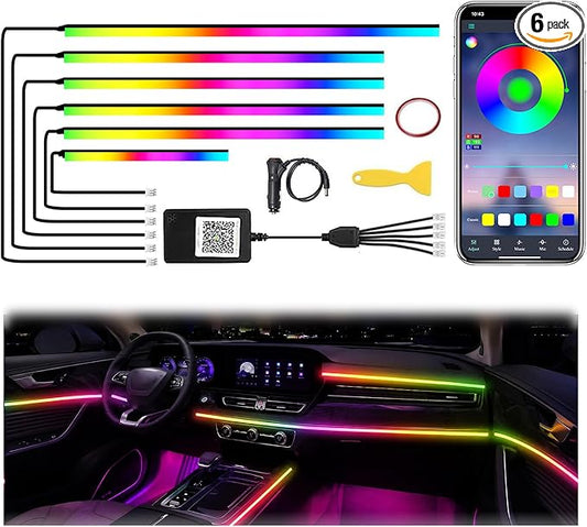 Acrylic Interior Car Lights APP Control, 6 in 1 Car Ambient Lighting Kit | Dreamcolor & 210 modes, Light Uniform and Soft, Wireless APP Control Inside Car Accessories