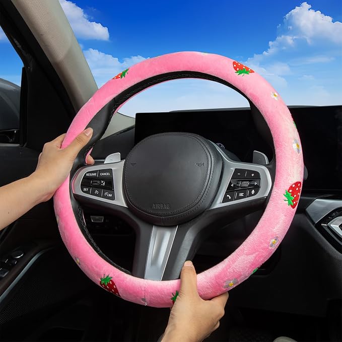 Embroidered Daisies Strawberry Cute Pink Steering Wheel Cover, Auto Anti-Slip Breathable Steering Wheel Protector, Floral Strawberry Car Accessories for Women,Universal Size Fit Most Cars -15 inch