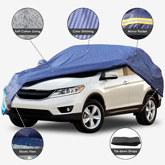 Car Cover Waterproof All Weather, 6 Layers Outdoor Full Exterior Cover Rain Sun UV Snowproof Protection with Zipper Cotton, Mirror Pocket for Honda CR-V