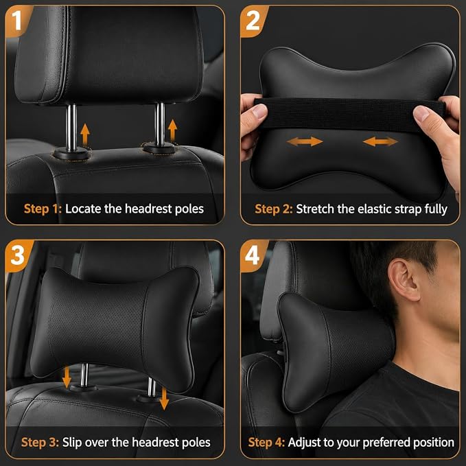 Car Pillow for Car Neck Pillow for Driving Seat Leather Neck Support Soft Cushion Support Head-Rests for Vehicle Sleeping with Elastic Adjustment Strap 2PCS (Neck, Black)