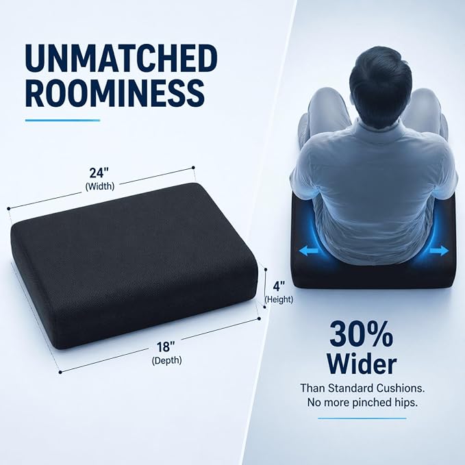 Bariatric Seat Cushion for Heavy People, 500 lbs Capacity, 24x18x4 Inch, Memory Foam, Removable Washable Cover, Wheelchair & Mobility Scooter Pad (Large)