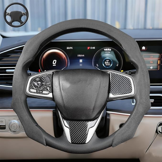 Car Steering Wheel Cover, Soft Brethable Suede Non-Slip Vehicle Steering Wheel Protector, Comfortable Sporty Auto Interior Protection Accessories, Universal for Truck SUV Van (Carbon Black)