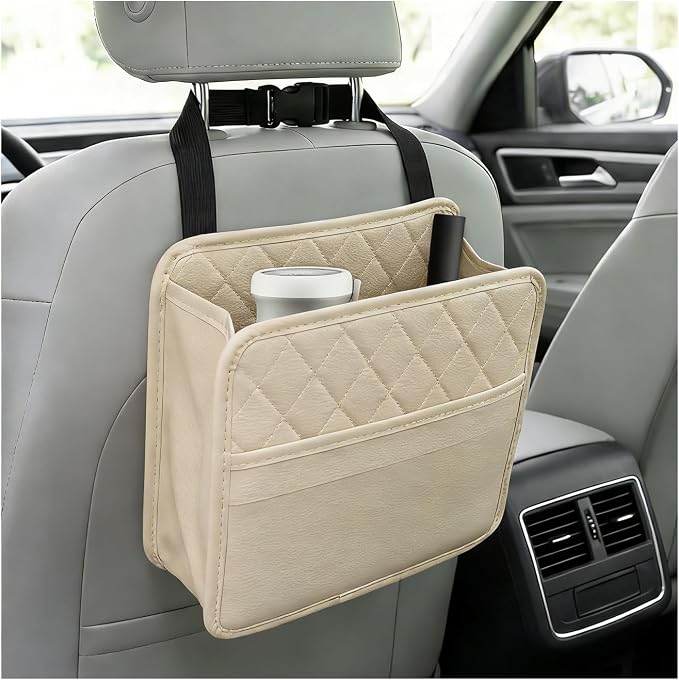 Car Seat Back Organizer, Waterproof Leather Auto Backseat Storage Pocket for Travel Essentials, Universal Multipurpose Backseat Hanging Storage Bag for Cars SUVs Trucks (Beige)