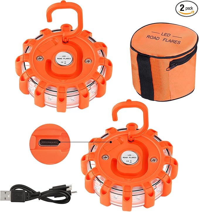Vancle USB C Rechargeable LED Road Flares Emergency Lights Roadside Warning Car Traffic Safety Beacon Flashing Disc Flare Kit Strobe with Magnetic Base for Construction Vehicles Truck Boat, 2 Pack