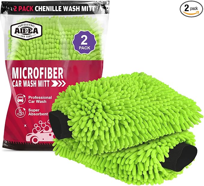 AIDEA Car Wash Mitt Microfiber-2PK, Car Wash Brush, Green, 7.12''X10.14'' | Scratch Free Lint Free, Premium Chenille Microfiber Mitt, Car Cleaning Supplies, Regular Size