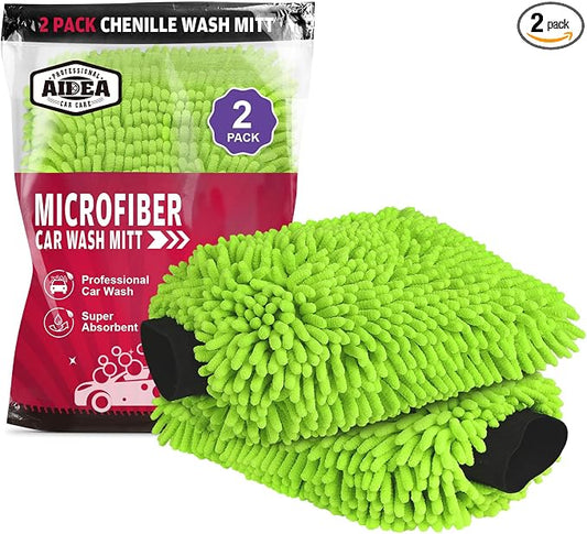 AIDEA Car Wash Mitt Microfiber-2PK, Car Wash Brush, Green, 7.12''X10.14'' | Scratch Free Lint Free, Premium Chenille Microfiber Mitt, Car Cleaning Supplies, Regular Size