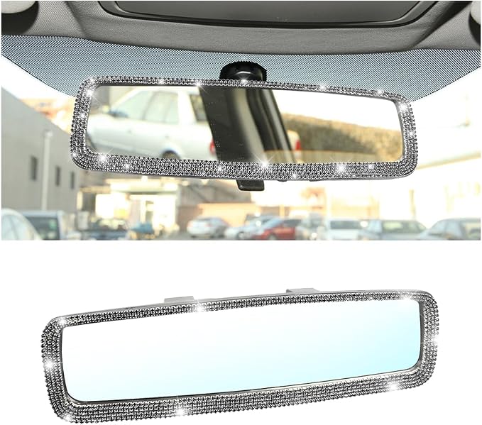 Osilly Bling Car Rearview Mirror, Decorations Rear View Mirror with Crystal Rhinestones & Diamonds, Car Interior Trim Accessories, Clip-on & HD Glass, Sparkly Gift for Mother Women Girls (Black)