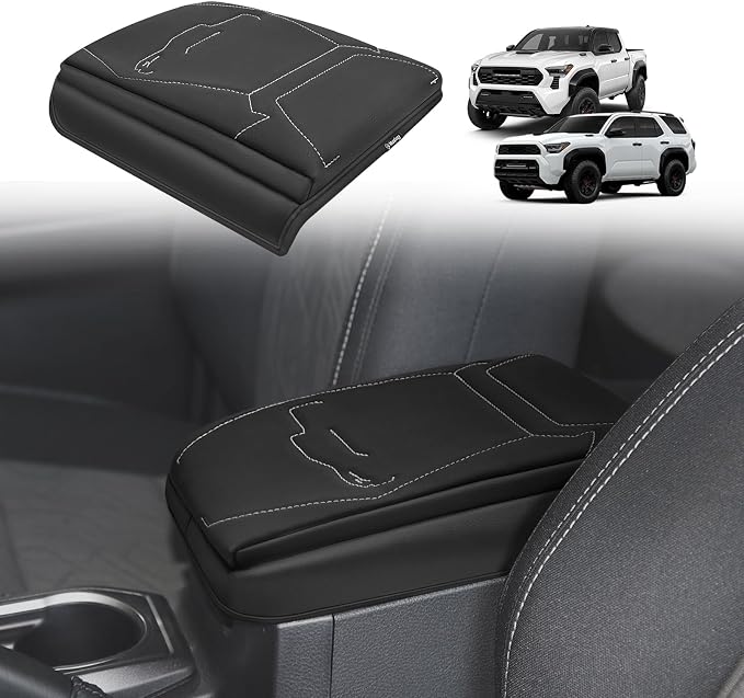 Muslogy Center Console Armrest Cover Fit for Toyota Tacoma 2024 2025 2026 Accessories, Comfort Armrest Pad Console Lid Cushion Vegan Leather 1-Inch Extra Thick(Black/Gray Stitching)