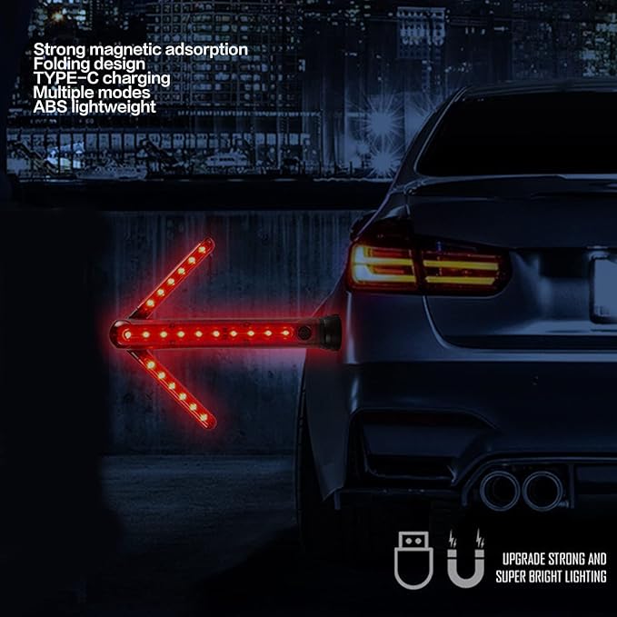 LED Road Safety with Turn Arrow, Red Arrow LED Warning Light with Detachable Magnetic Base, Flares Emergency Road Baton Roadside Emergency Car Kit for Road Warning
