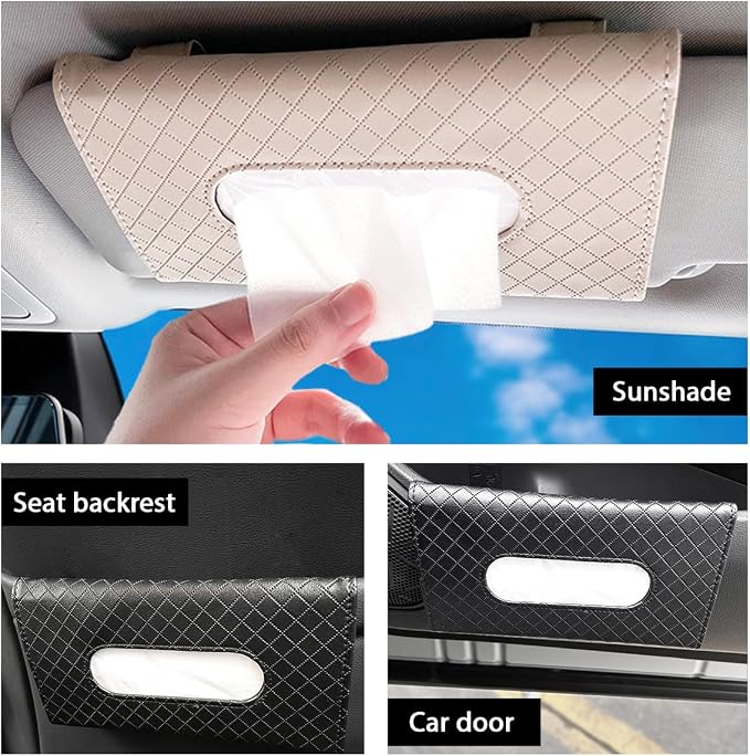 Car Tissue Holder, Leather Sun Visor Hanging Napkin Holder with Tissue Refill, Clip-On Visor Mask Dispenser Premium Paper Towels Case for Vehicles, Universal Car Accessories (Beige)