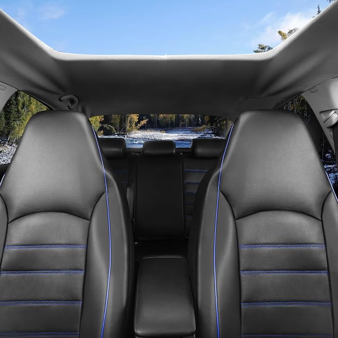 TOYOUN Classic Universal PU Leather Car Front Seat Covers High Back Bucket Seat Cover - Fit Most Cars, Trucks, SUVS, or Vans 2 PCS Blue Trim Auto Seat Covers Set Car Seat Protector for All Seasons