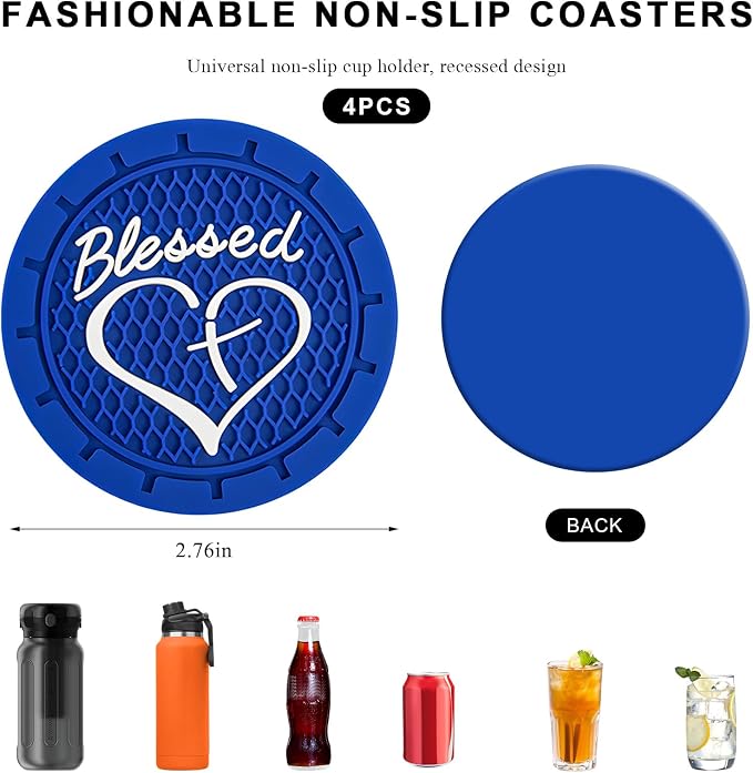 4 PCS Car Cup Holder Coaster, 2.76 Inch Soft PVC Non-Slip Blessed Cross and Heart Christian Car Cup Coasters, Auto Interior Shockproof Insert Drink Mat for Most Vehicles (Blue)
