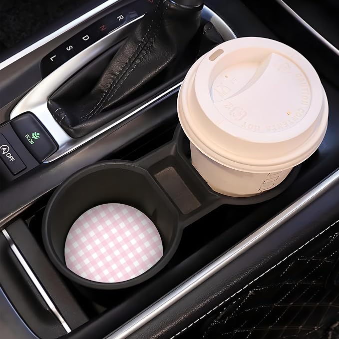 Pink Checkered Car Coasters for Cup Holder Absorbent Ceramic Cup Coaster 2 Pack Anti Slip Car Interior Accessories with Finger Notch Cork Base for Women Men 2.56"