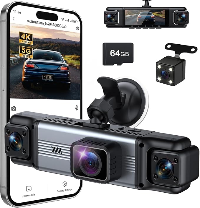 4 Channel 360° Dash Cam Front Rear Inside & Left Right 4K+1080P*3 FHD Car Camera, 5GHz WiFi & App Control 8 IR Lamps Night Vision 24H Parking Mode, G-Sensor, Loop Recording, Includes 64GB (Silver)