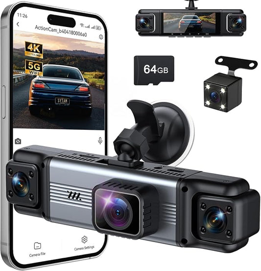 4 Channel 360° Dash Cam Front Rear Inside & Left Right 4K+1080P*3 FHD Car Camera, 5GHz WiFi & App Control 8 IR Lamps Night Vision 24H Parking Mode, G-Sensor, Loop Recording, Includes 64GB (Silver)