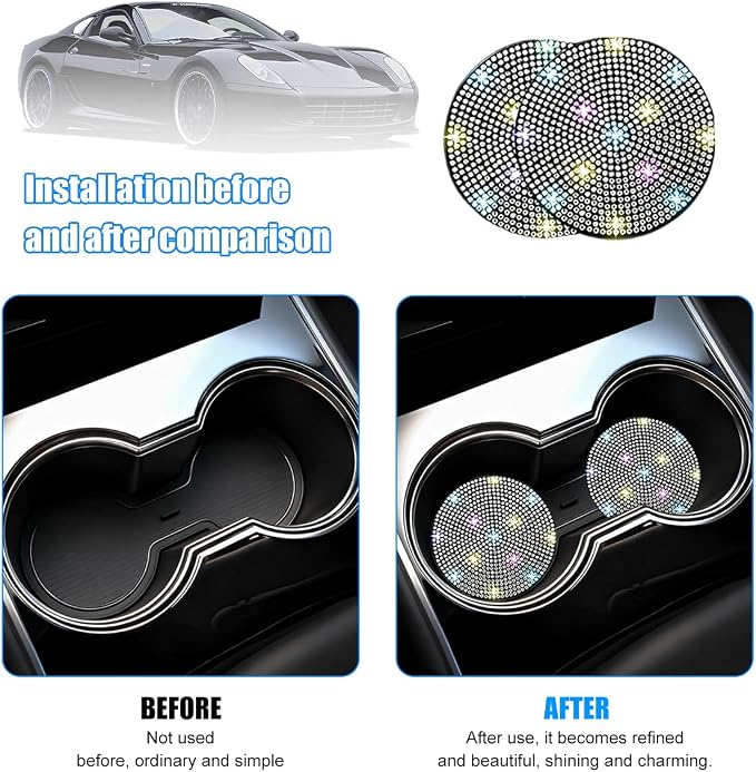 8PCS Bling Car Accessories Set, Sparkly Rhinestone Vehicle Steering Wheel Seat Belt Gear Shift Start Stop Button Cover, Diamond Auto Cup Holder Coaster Decoration, Universal Fit (Multicolor)