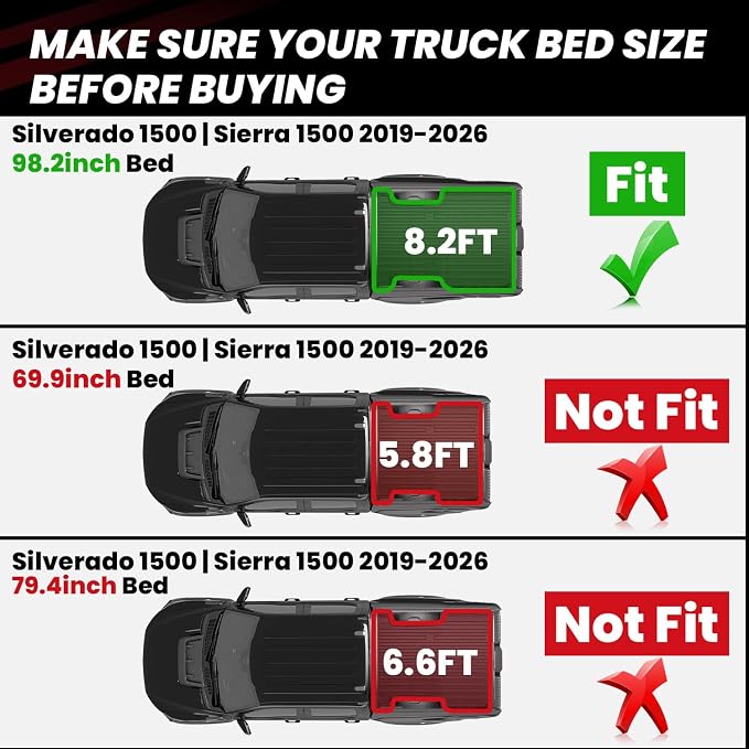 LASFIT Truck Bed Mat 2019-2026 for Chevrolet Chevy Silverado 1500 | GMC Sierra 1500 (Only Fit 8.2FT Bed), Bed Liner for Chevy Silverado GMC Sierra 1500, Not Fit Optional CarbonPro Bed