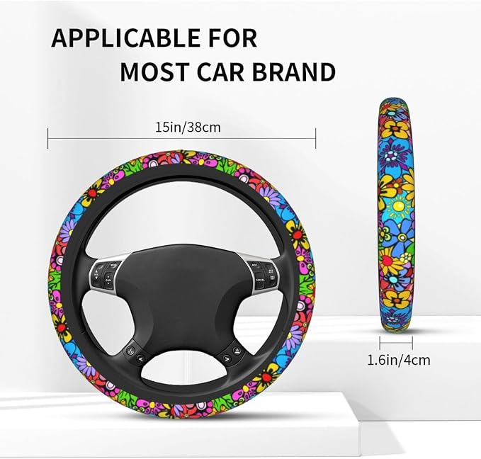 Hippie Flower Steering Wheel Cover Car Accessories Cute for Women Girls Girly Universal 15 Inch Neoprene Auto Interior Decor Anti Slip Car Truck Protector