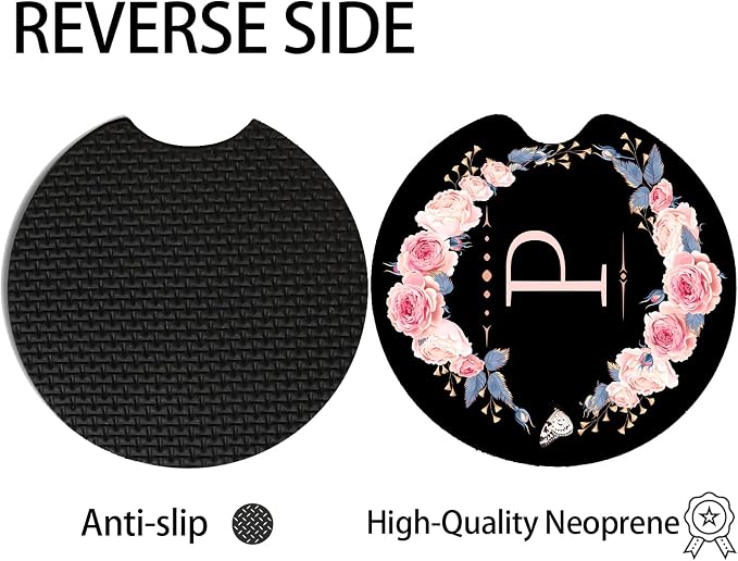 2pcs Letter P Car Coasters,Absorbent Universal neoprener Cup Holder Coasters with a Finger Notch,Car Accessories for Women&Man Interior，2.75"