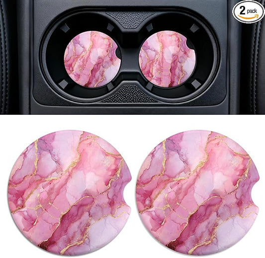 Car Cup Holder Ceramic Coasters 2 Pack, 2.56 in Anti Slip Absorbent Coaster with Cork Base and Finger Notch, Funny Cute Car Accessories Interior for Women, Pink Stone