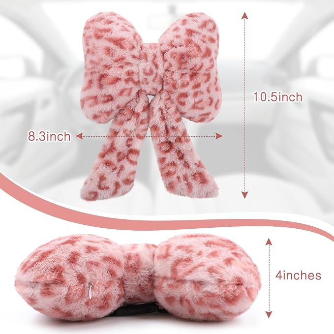 Macarrie 2 Pcs Leopard Car Neck Pillow Plush Butterfly Bow Car Headrest Pillow Comfortable Seat Neck Support Cute Head Rest Accessories for Driving Travel Driver Chair Girl Interior Decor(Pink)