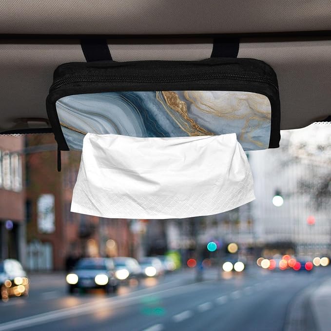Marble Blue and Gold Lines Car Tissue Holder Durable Napkin Holder Hanging Tissue Holders Case Car Tissues Bag for Sun Visor Seat Back Universal Auto