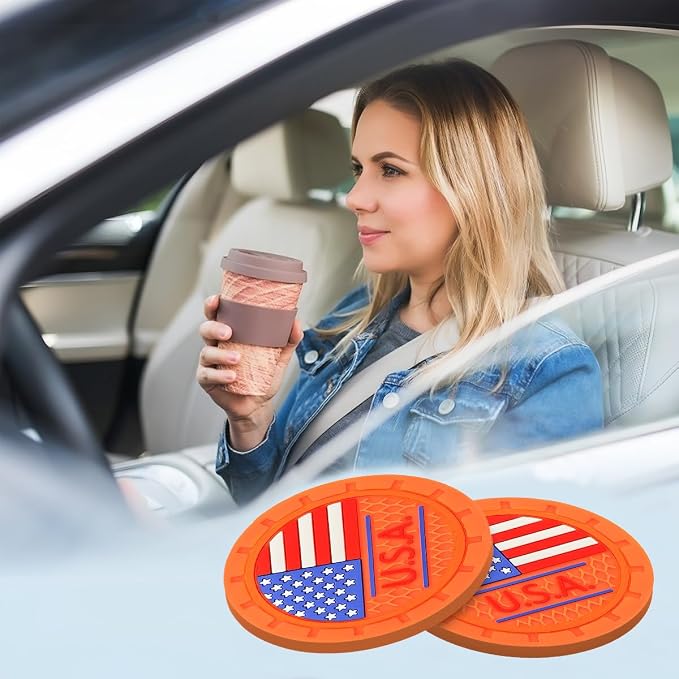 AUCELI 4 Pack Car Cup Holder Coasters, Colored American Flag US Flag Insert Car Cup Coaster, 2.75 Inch Anti Slip Shockproof Embedded Drink Mat, Vehicle Interior Decor Accessories