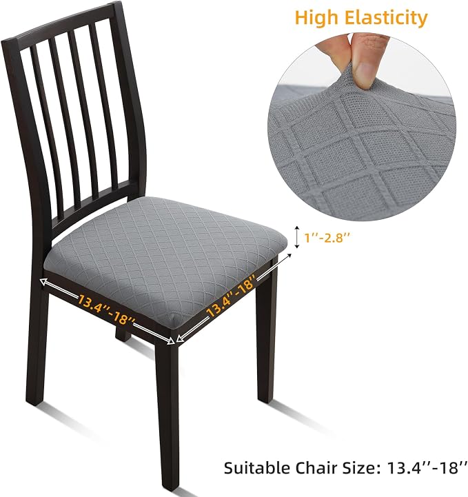 Fuloon Waterproof Seat Cushion Covers 4 PCS, Stretch Jacquard Chair Seat Covers Washable Dining Room Seat Slipcovers Removable Kitchen Chair Protector (4, Waterproof-Light Grey)