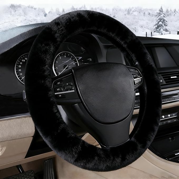 Furry Warm Steering Wheel Cover, Universal 14.5-15 Inch Winter Plush Warm Steering Wheel Cover, Soft Fluffy, Anti-Slip Design, Soft Texture (Black)