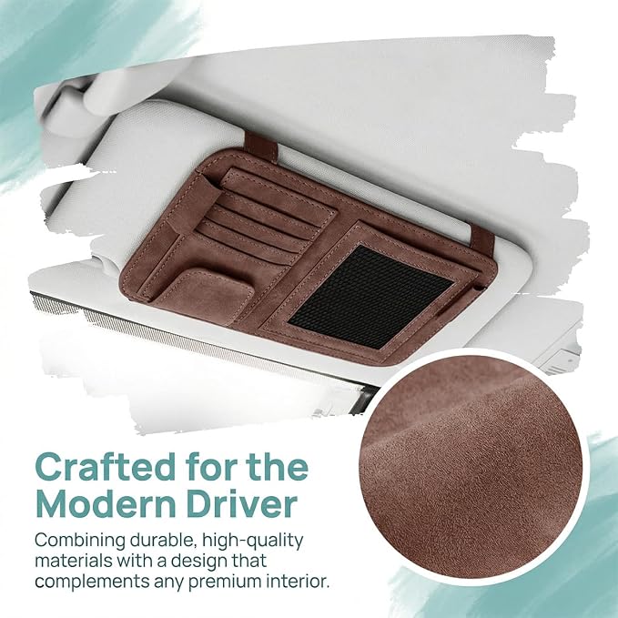 Car Sun Visor Organizer, Multi-Pocket Vehicle Sun Visor Storage Pouch with Sunglasses Clip, Auto Interior Sunshade Eyeglasses Card Holder Organizers, Universal for SUV Sedan Truck (Brown)