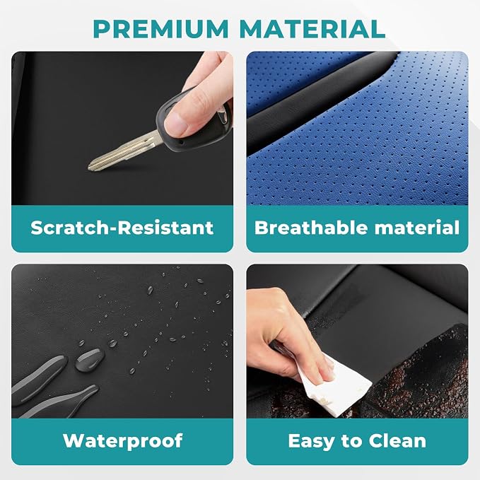 Universal Car Seat Covers for SUVs Sedans Trucks BlackBlue | universal fit, faux leather, waterproof, breathable, stain/scratch resistant, airbag compatible, anti-slip, easy install