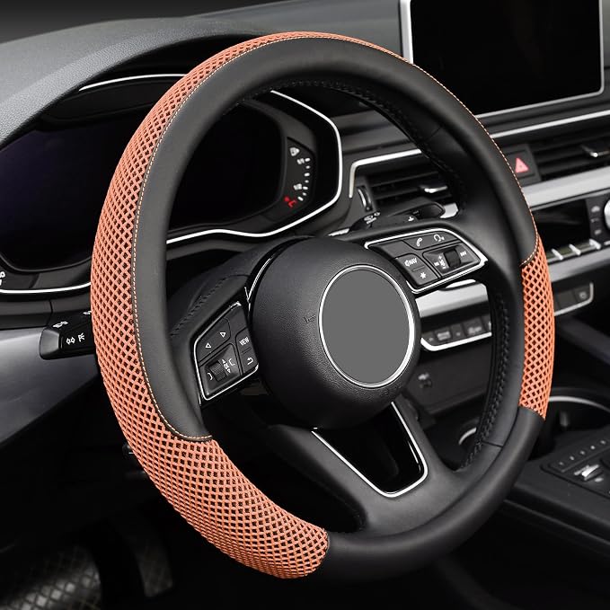KAFEEK Steering Wheel Cover, Universal 15 inch, Microfiber Leather Viscose, Breathable, Anti-Slip,Warm in Winter and Cool in Summer, Black&Brown