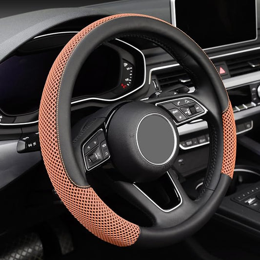 KAFEEK Steering Wheel Cover, Universal 15 inch, Microfiber Leather Viscose, Breathable, Anti-Slip,Warm in Winter and Cool in Summer, Black&Brown