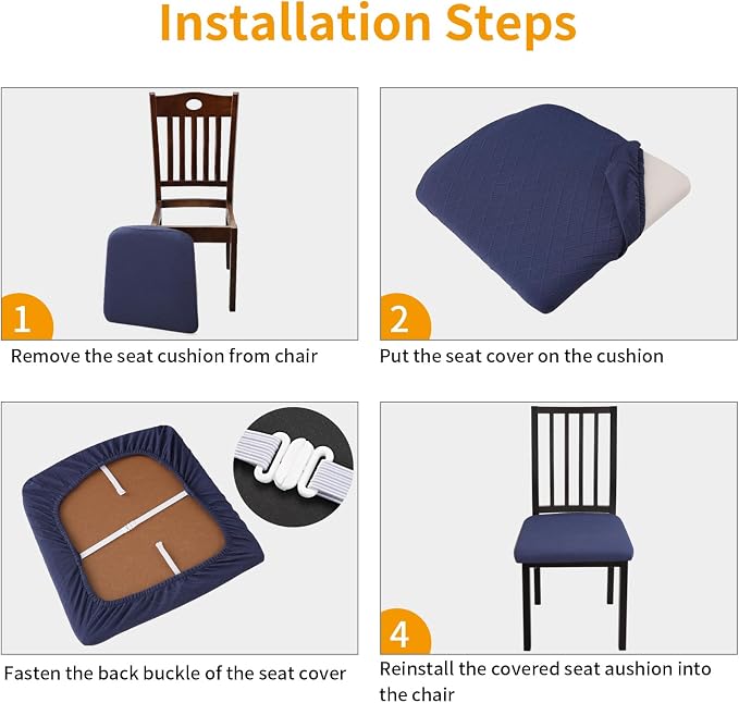 Fuloon Waterproof Seat Cushion Covers 4 PCS, Stretch Jacquard Chair Seat Covers Washable Dining Room Chair Slipcovers Removable Kitchen Cushion Protector (4, Waterproof-Navy Blue)