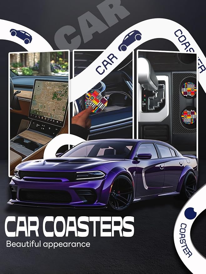 WOCOCN Car Coasters,Cup Holder Coasters for Car,2.75inch Anti Slip and Absorbent,Cute Automotive Interior Accessories for Cup Holder,Pack of 2 (Chequered Lines)