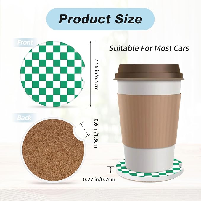 Green and White Checkered Car Coasters for Cup Holders,2 Pack Car Cup Holder Coasters for Car,Ceramic Absorbent Car Coaster with A Finger Notch and Cork Base,Car Interior Accessories for Women Men