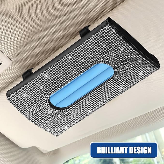 Bling Car Sun Visor Tissue Box Holder, Visor Accessories, Rhinestone PU Leather Crystal Sparkling Napkin Holder, Auto Sun Visor Paper Towel Cover Case Accessories for Most Cars (White)