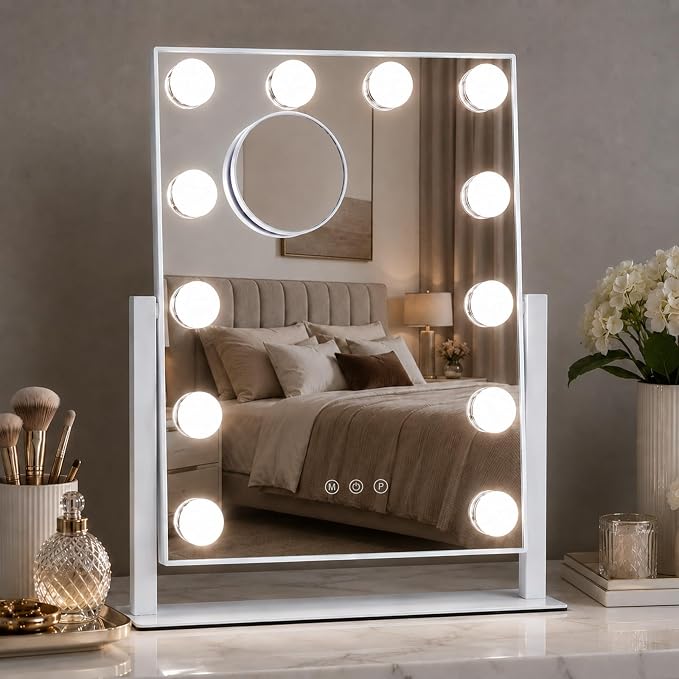 Vanity Mirror with Lights, Dimmable Desk Mirror, 12 Bulbs, 10X Magnifier | 16.4" H x 13.1" W makeup mirror, 3 colors, touch control, detachable 10X magnifier, 360 rotation, Gifts for Wife, Mom, Girls